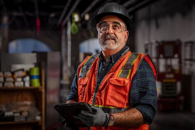 Construction worker with tablet