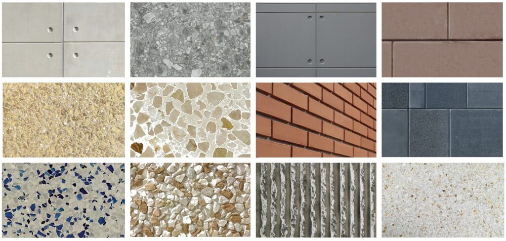 Variety of precast panels finishing types.