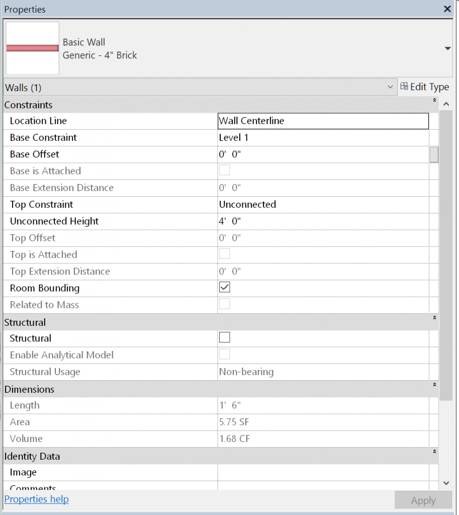 Revit training instance properties of a wall