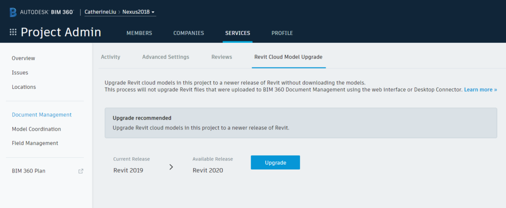 Cloud Models for Revit upgrade