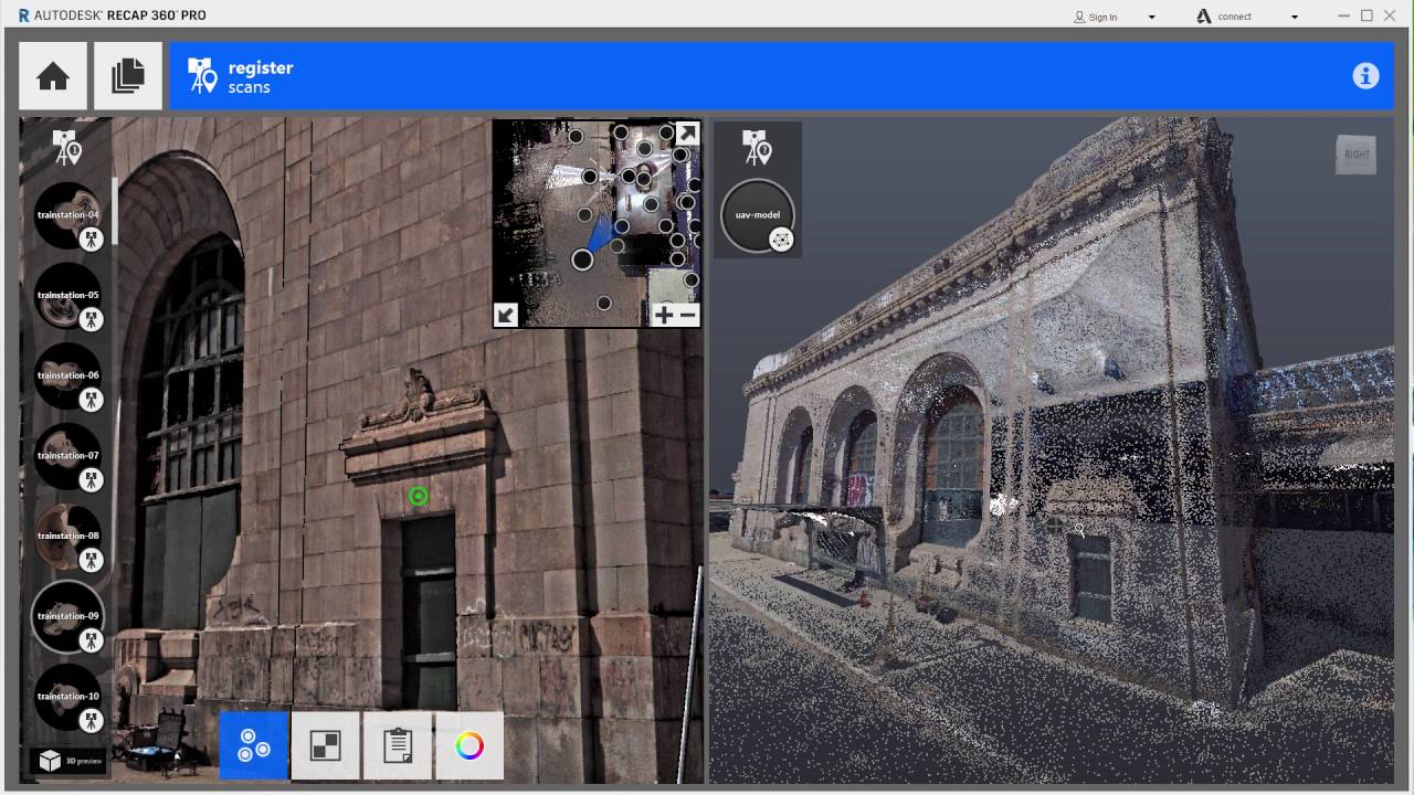 Screenshot of Recap 360 Pro showing a 3d point cloud of a building, derived from several photographs