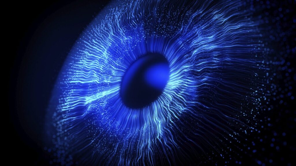 A digital eye with circuitry running into from the outer edges of the iris to the center