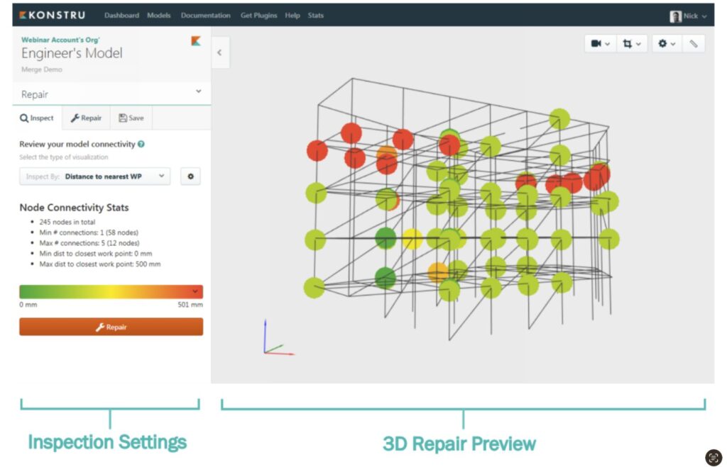 Figure 3. Node disconnectivity viewing and repair in KONSTRU. 