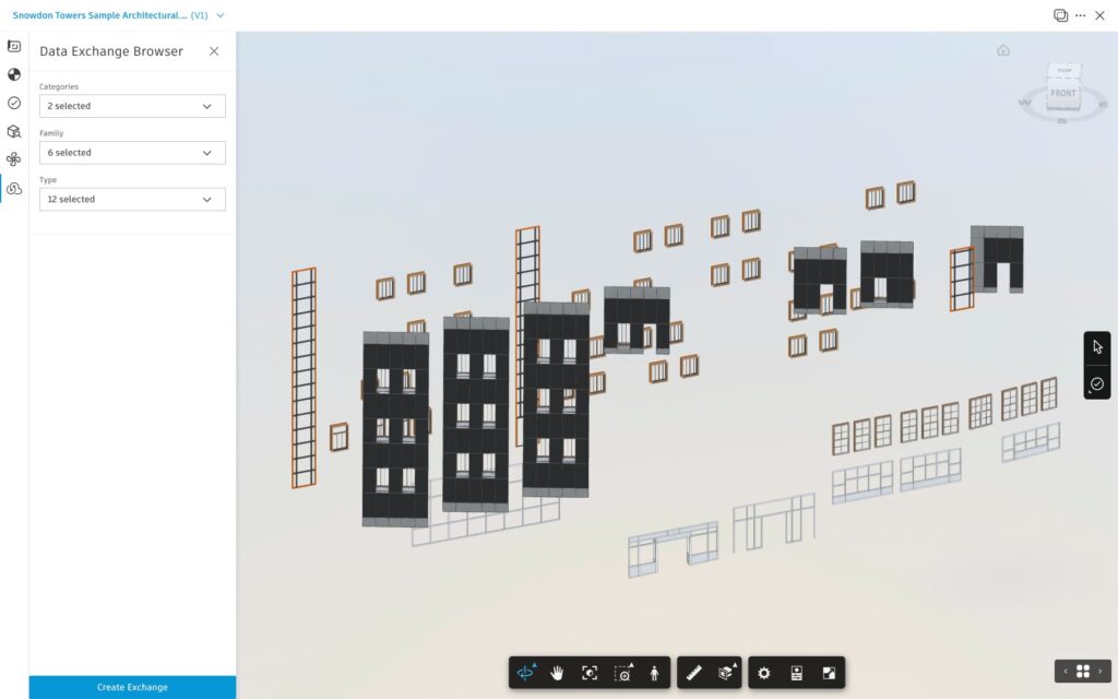 An Autodesk Docs model viewer with a user interface to filter down model elements and to Create Exchange