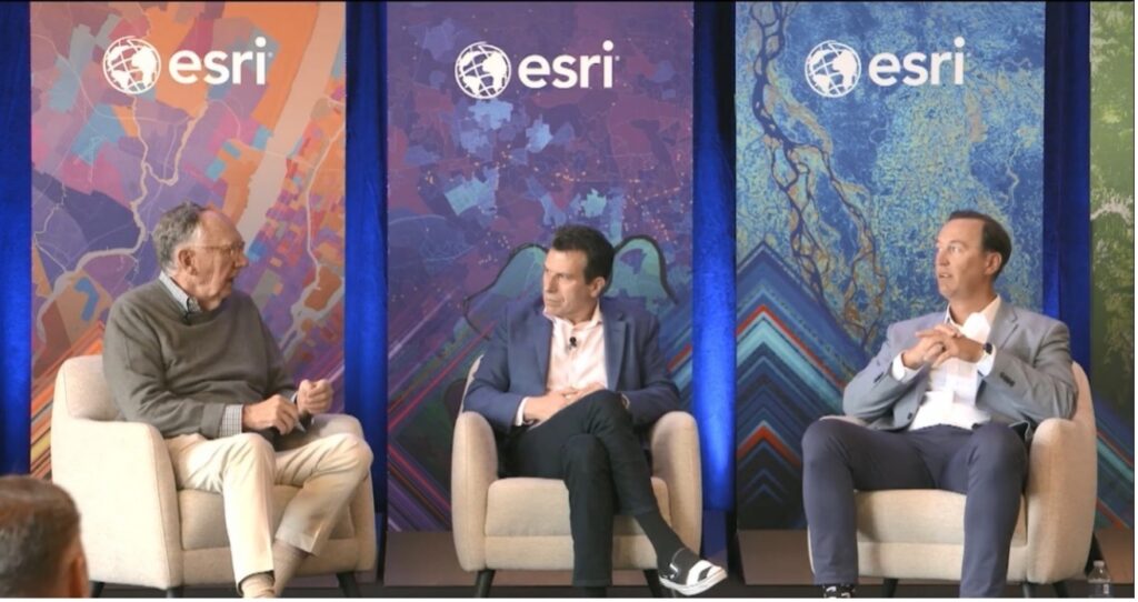 Esri President Jack Dangermond (left), Autodesk CEO Andrew Anagnost (center), and joint customer, Adam Horn, Civil Integrated Solutions Section Leader at HNTB (right).