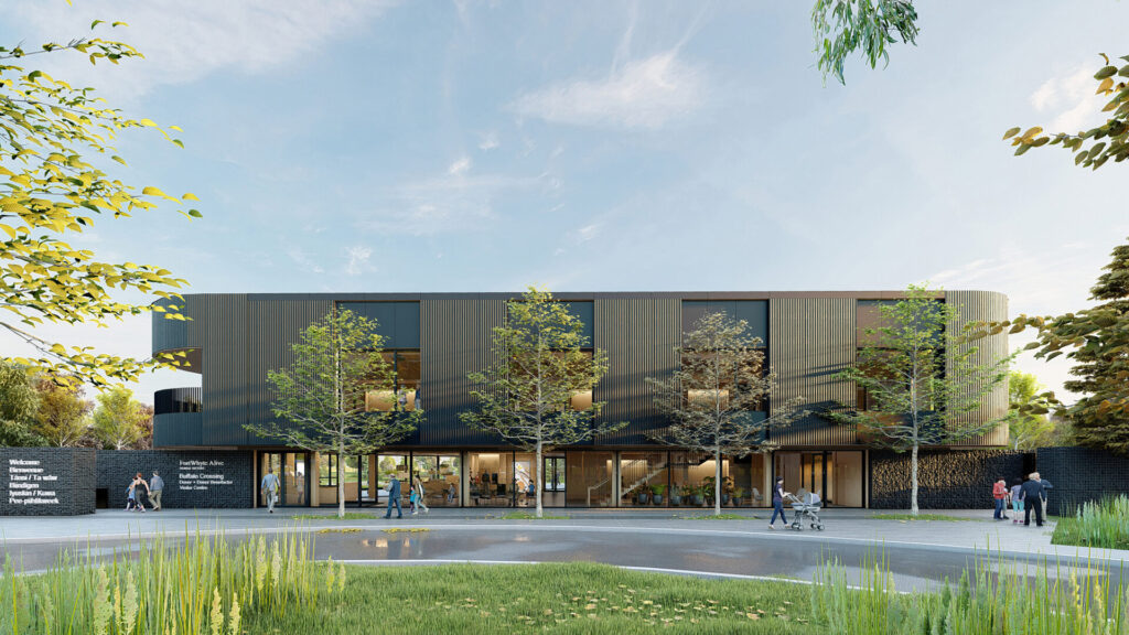 Image of exterior of two story building with rounded edges for FortWhyte Alive Buffalo Crossing in Winnipeg, Canada.