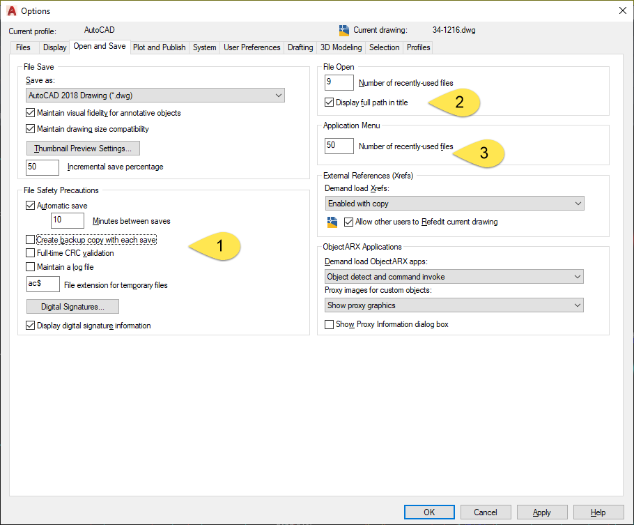 Open and Save Tab AutoCAD