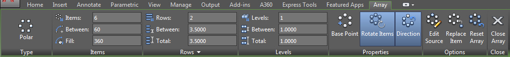 Arrays in AutoCAD: Polar Array Contextual Ribbon