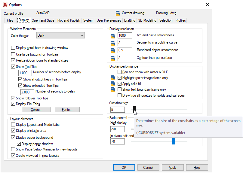 Cursor Size Bar AutoCAD Dialog Box