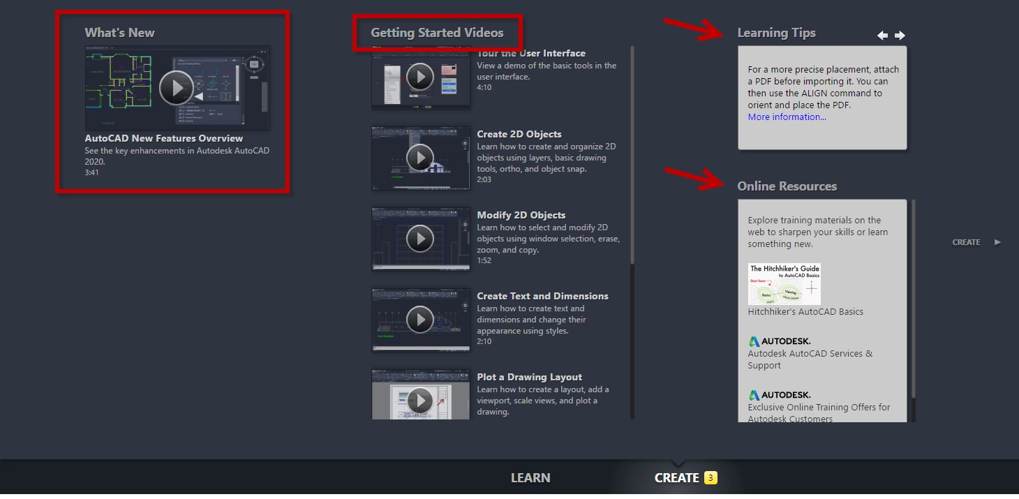 Learn page in AutoCAD