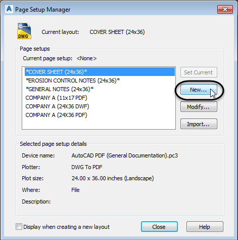 New name Page Setup AutoCAD plotting