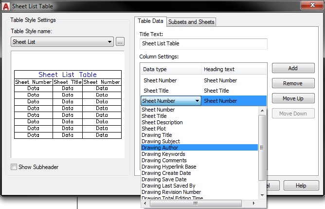 Sheet List Table AutoCAD