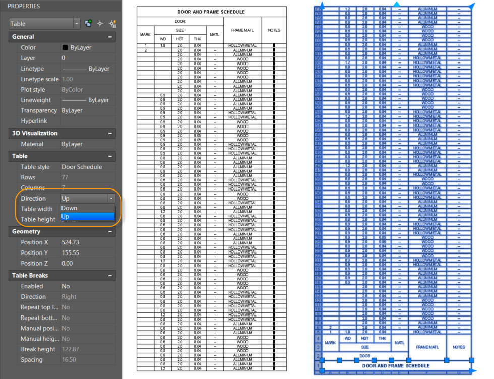 Change AutoCAD Table Direction