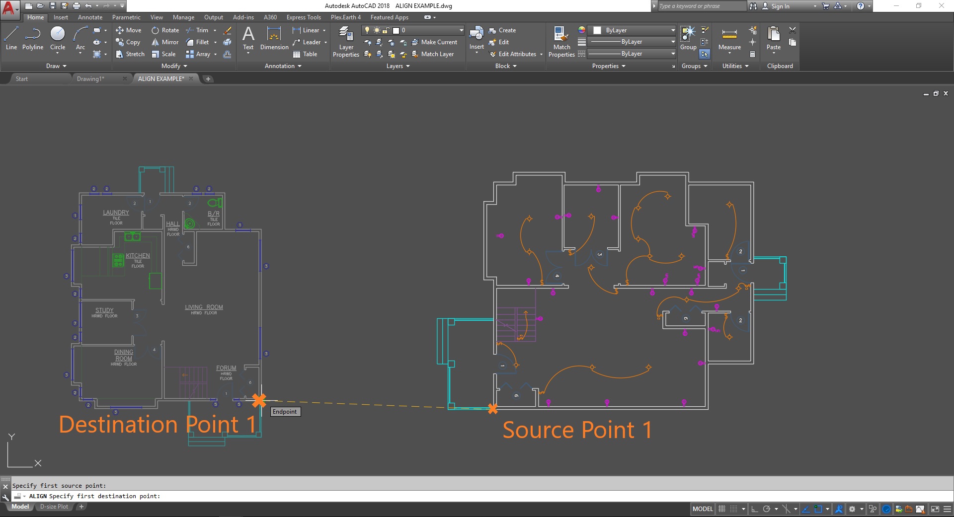 Source point destination point ALIGN command AutoCAD