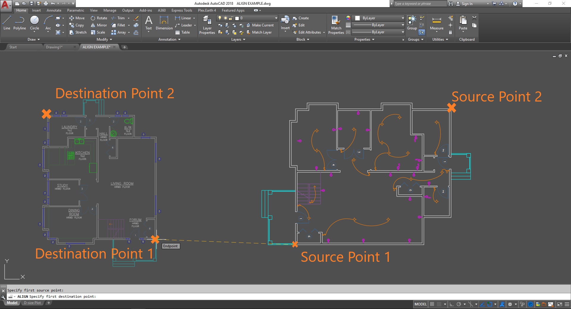 Source point destination point ALIGN command AutoCAD