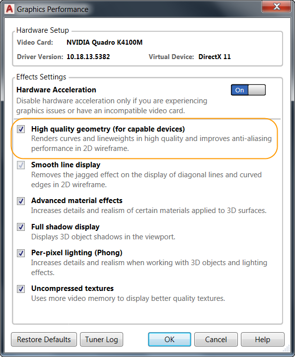 Graphics Performance dialog box. AutoCAD 2017 enhanced 2d graphics