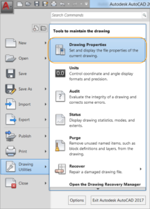 AutoCAD 2017 - Accessing the Drawing Properties dialog box.