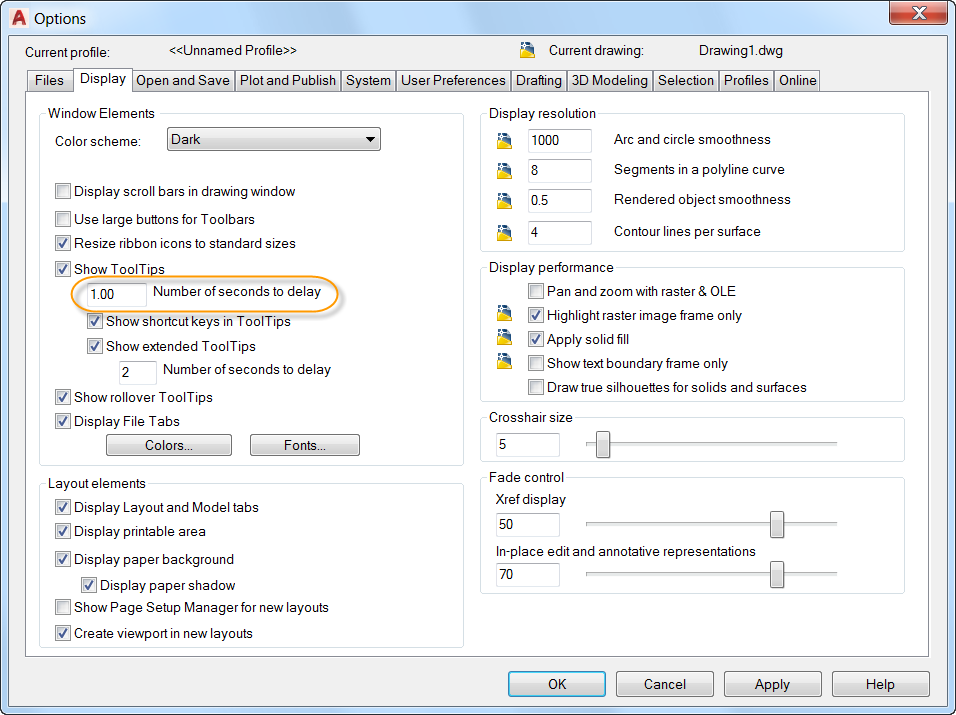 AutoCAD 2017 - Tooltip delay in the Options dialog box.