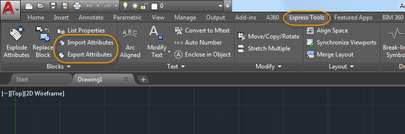 AutoCAD Express Tools Import/Export Block Attributes ribbon