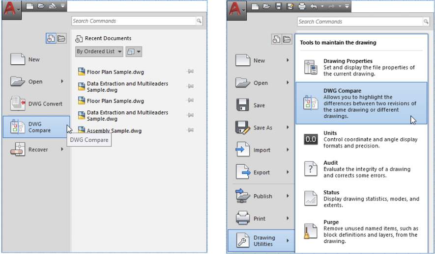 AutoCAD DWG Compare: Application Menu and Drawing Utilities