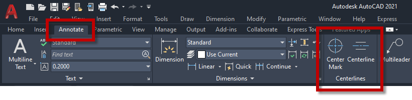 Centerlines Center Marks Ribbon AutoCAD