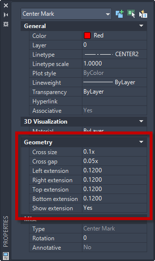 centerlines centermarks properties palette AutoCAD