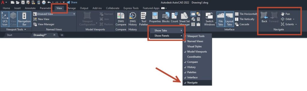 Show Panels Navigate AutoCAD