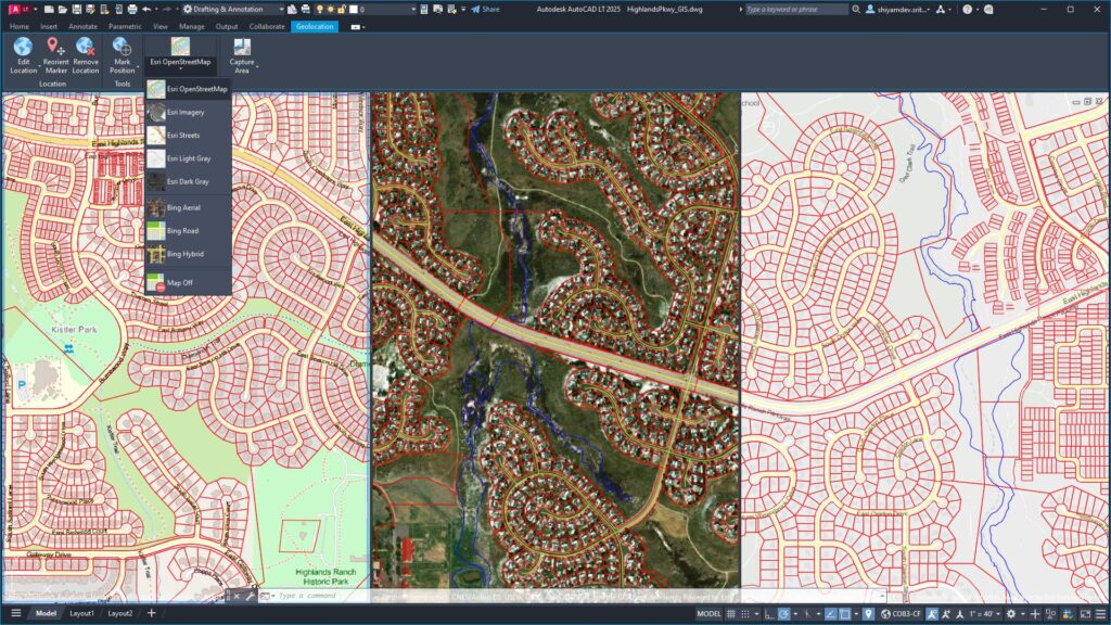 Screenshot of AutoCAD LT 2025 with Esri basemaps