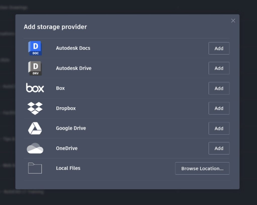 The various cloud storage provisions available in AutoCAD Web