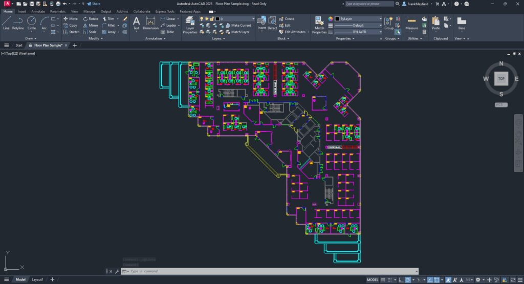 AutoCAD floor plan screenshot in color