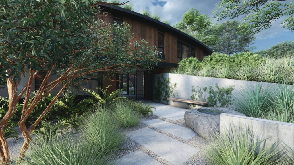 Front of two story wooden home with gray pavers and plants