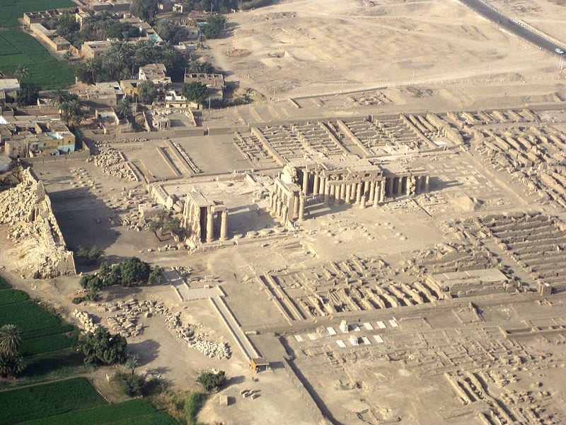 Aerial view of the Ramasseum in Thebes with its associated adobe structures