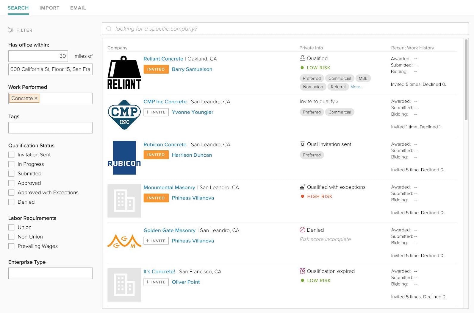 searching tradetapp information in bidding system buildingconnected