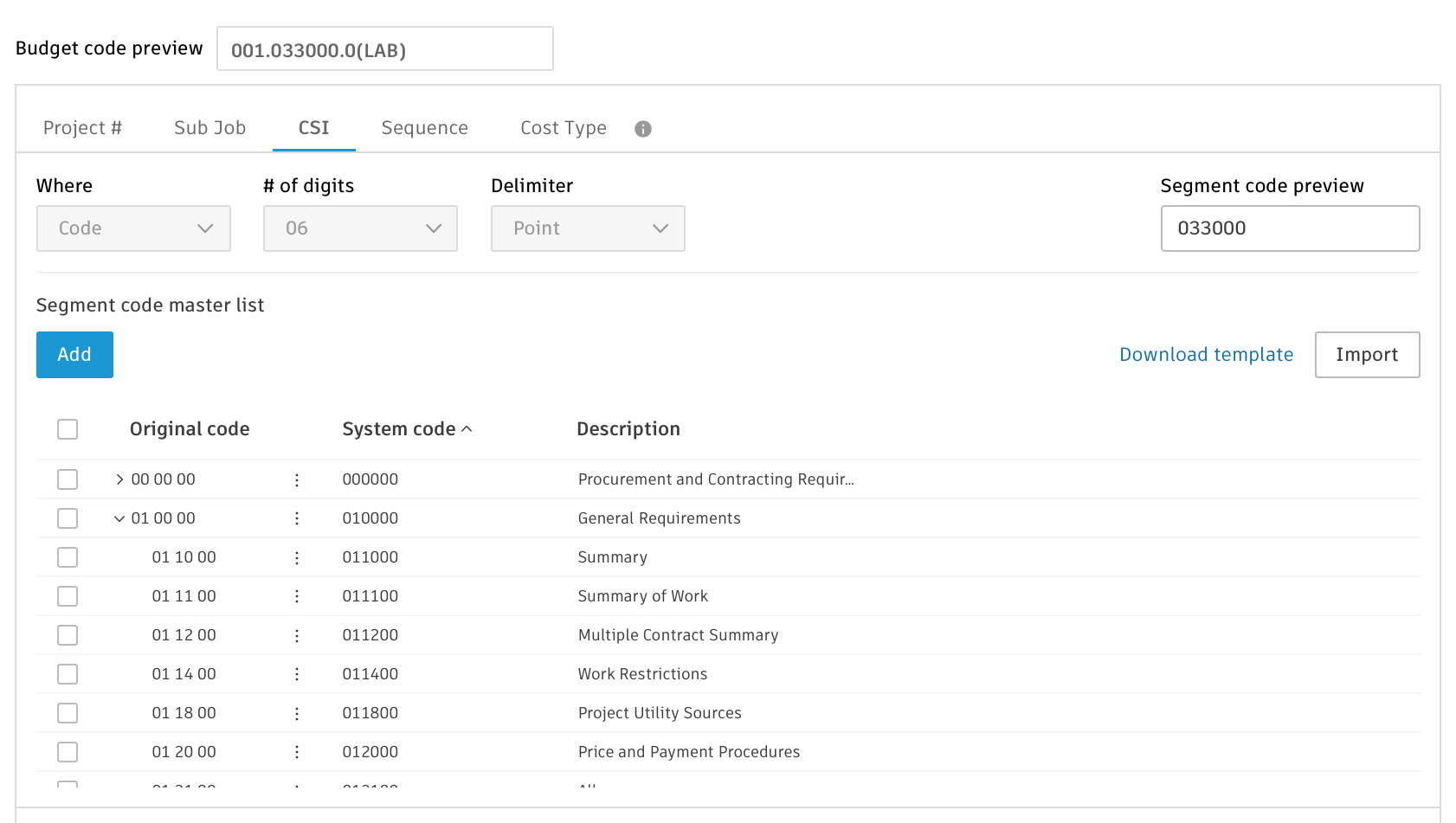 Construction Cost Code List