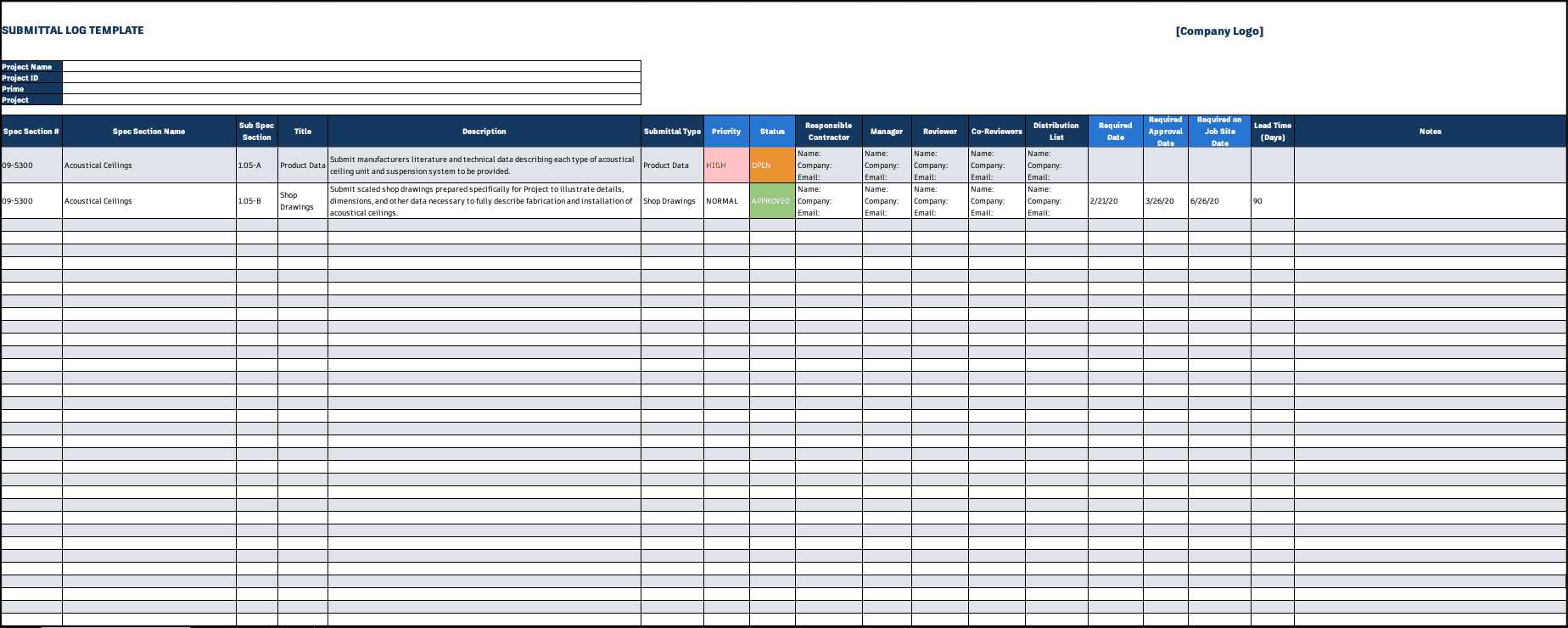 template submittal log construction