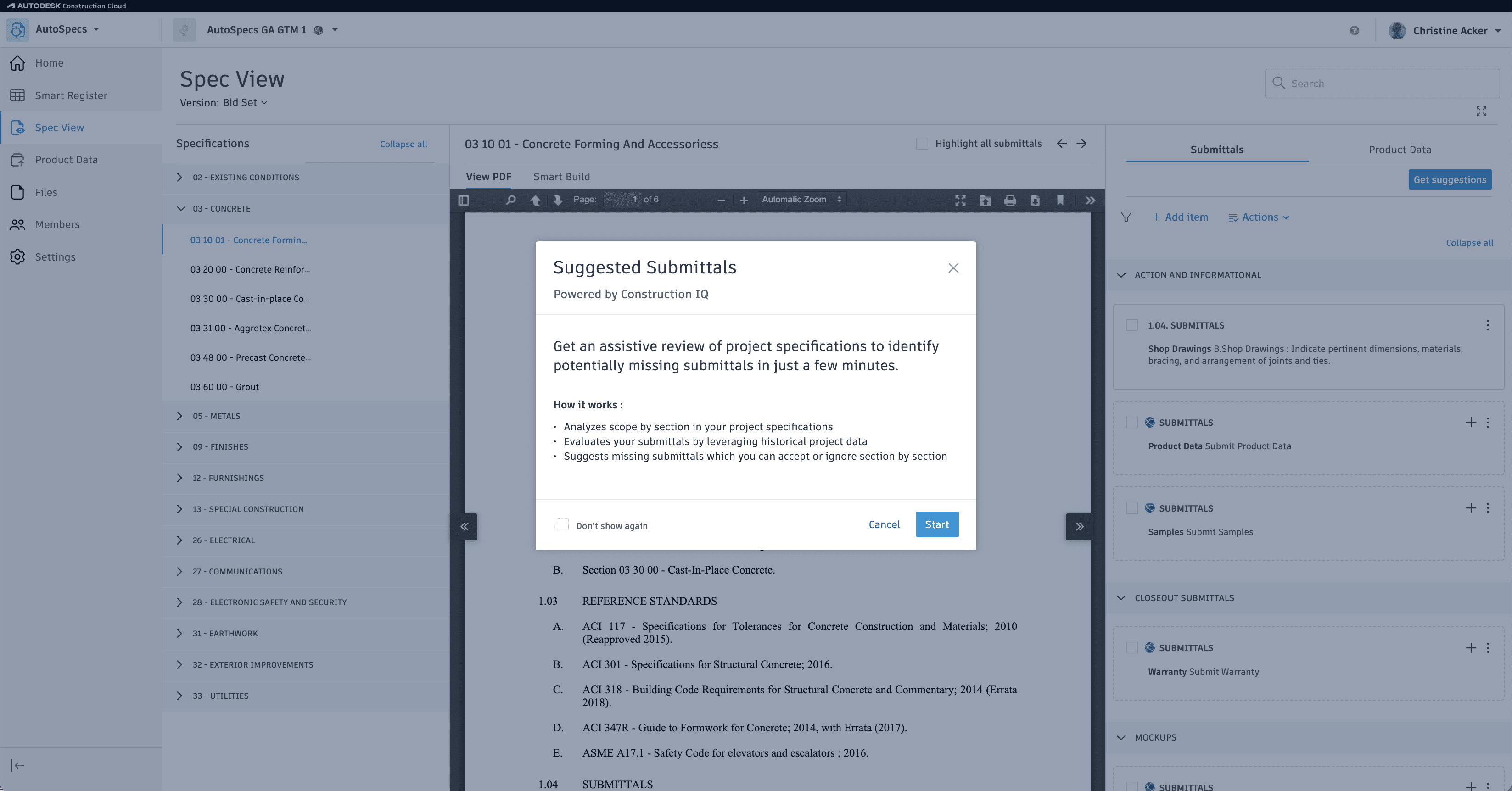 AutoSpecs Suggested Submittals