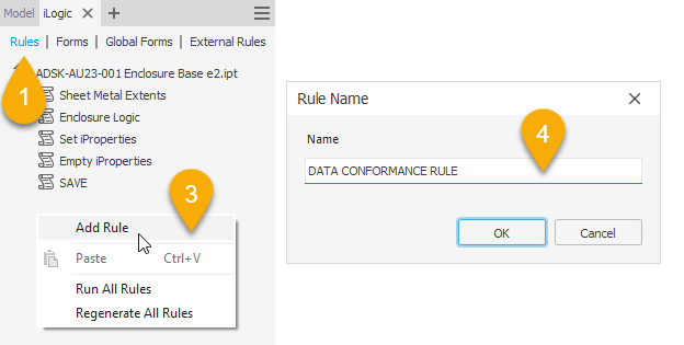 The Autodesk Inventor user interface, showing the crreation of an iLogic rule for data conformance.