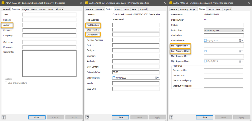 An image of the Autodesk Inventor user interface. iProperties Manager.