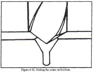 Drill bit entering conical shaped hole left from center drill. 