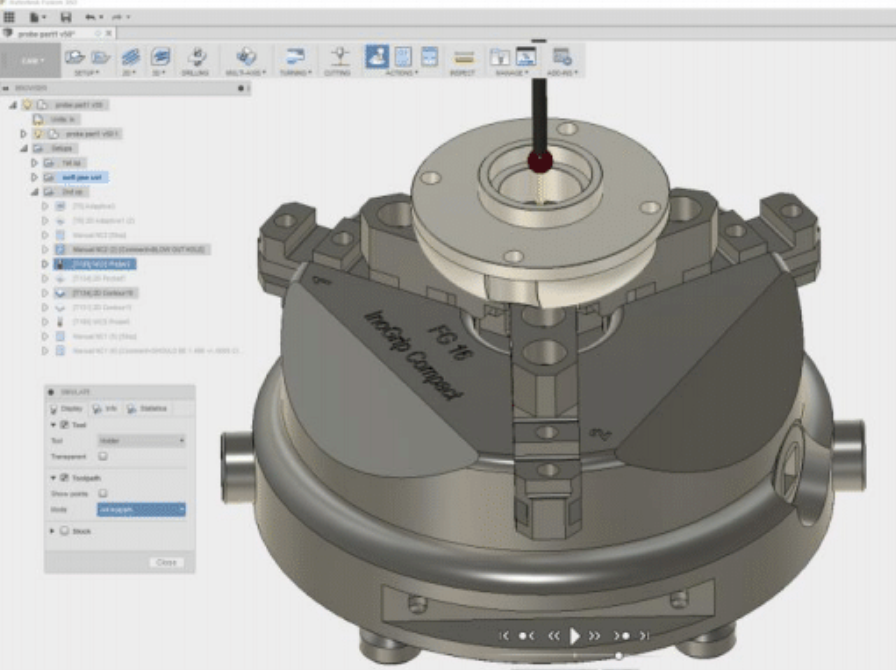 Machined part with bore and boss shown in Fusion 360 with a Probe operation highlighted.