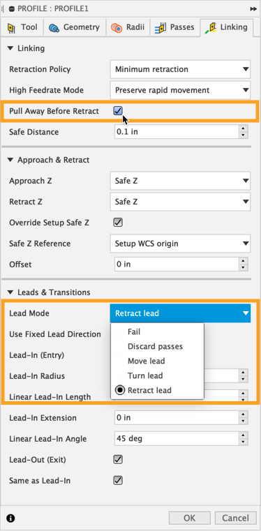 Pull Away Before Retract and Lead Mode options