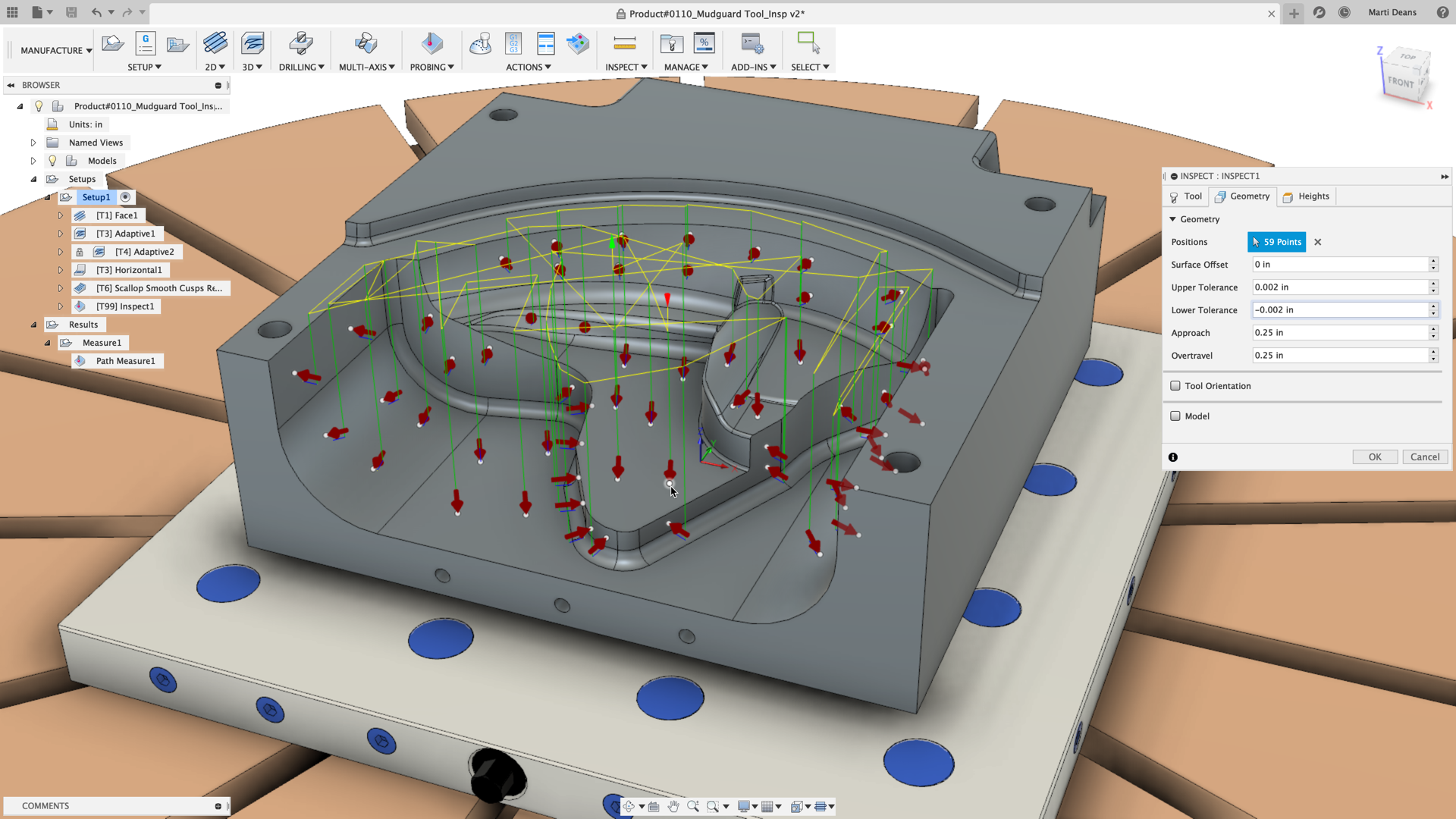 surface inspection results shown on model and in results table