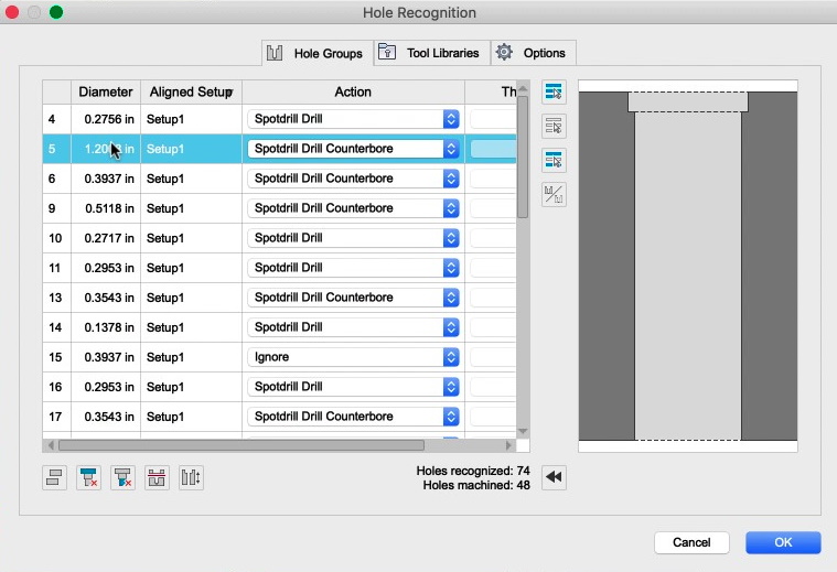 The Hole Groups tab provides the key controls to manage how holes are machined 