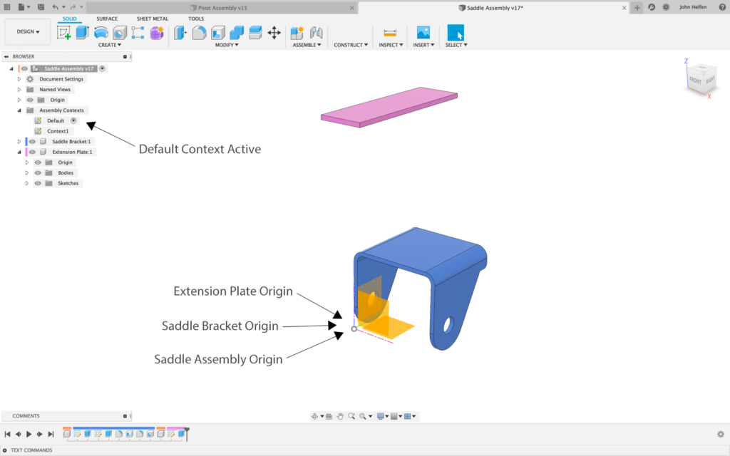 Saddle Assembly open in its own window with the Default context active.