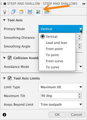 tool axis tab showing modes