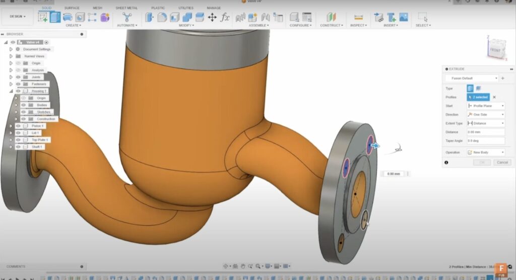 Valve design using Fusion extrude cut.