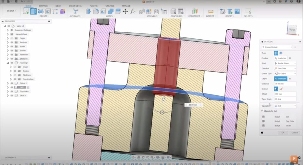 Autodesk Fusion extrude cut feature on valve design