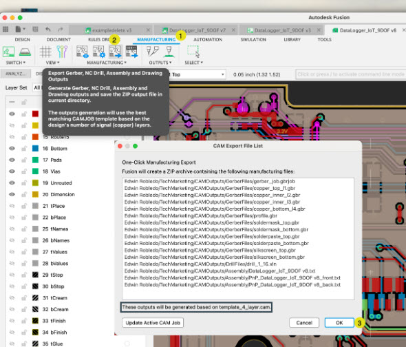 Export GERBER manufacturing file in Autodesk Fusion