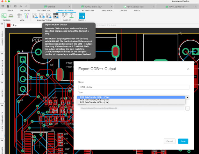 Export ODB++ manufacturing files in Autodesk Fusion.