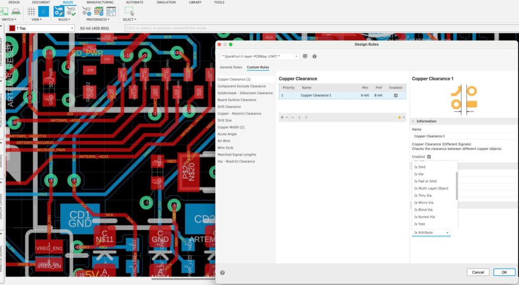 Design rules engine in Autodesk Fusion electronics.